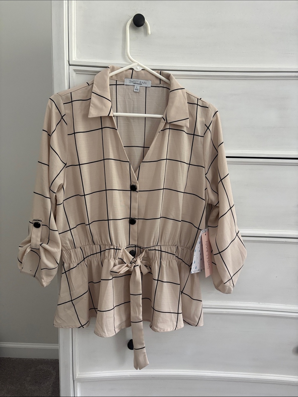 Sweet Rain Beige Windowpane Tie-Waist Button-Down Blouse NWT